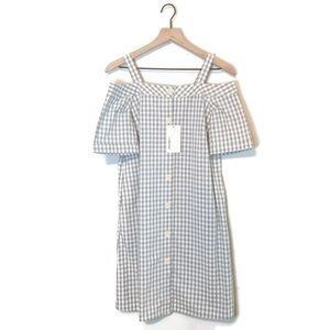 The Korner Beige Linen Blend Gingham Plaid cold Shoulder Button Front Dress Sm
